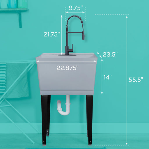 Tehila Standard Freestanding Grey Utility Sink with Black Finish High-Arc Coil Pull-Down Faucet - Side View