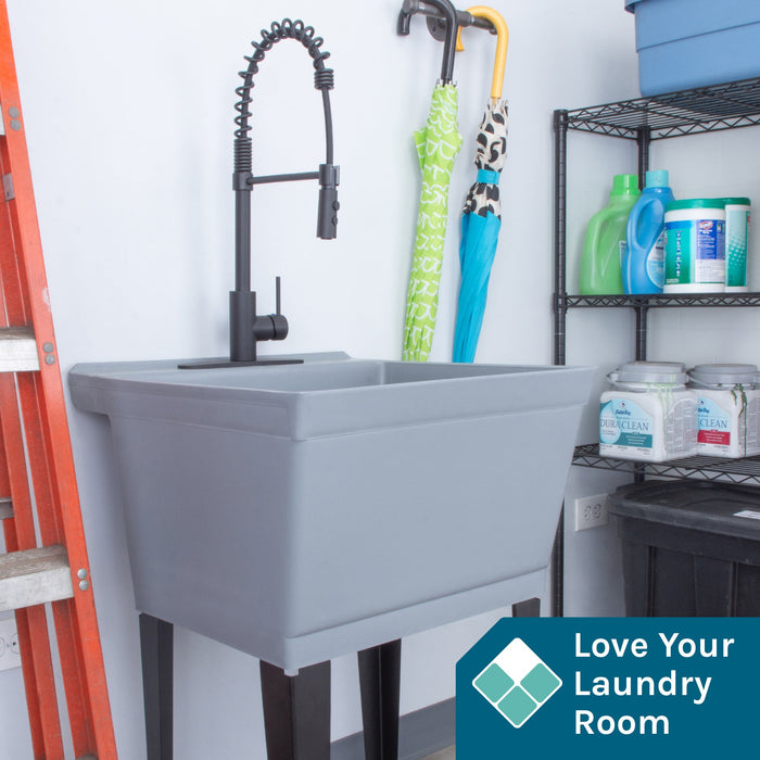 Tehila Standard Freestanding Grey Utility Sink with Black Finish High-Arc Coil Pull-Down Faucet - Detail View