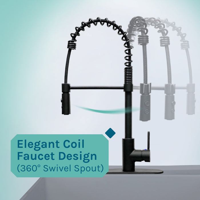 Tehila Standard Freestanding Grey Utility Sink with Black Finish High-Arc Coil Pull-Down Faucet - Close-Up