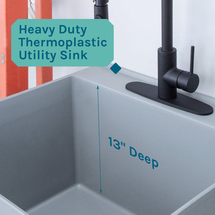 Tehila Standard Freestanding Grey Utility Sink with Black Finish High-Arc Coil Pull-Down Faucet - Features