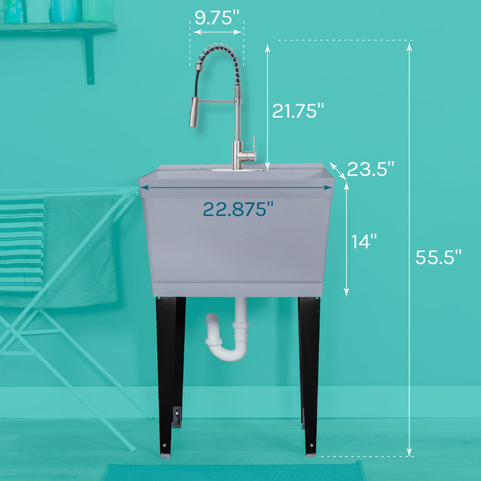 Tehila Standard Freestanding Grey Utility Sink with Stainless Steel Finish High-Arc Coil Pull-Down Faucet - Side View