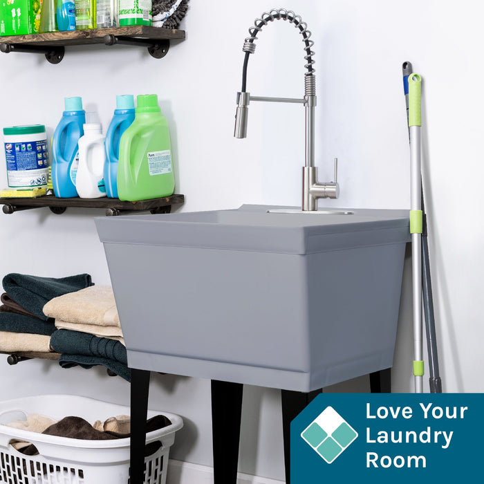 Tehila Standard Freestanding Grey Utility Sink with Stainless Steel Finish High-Arc Coil Pull-Down Faucet - Detail View