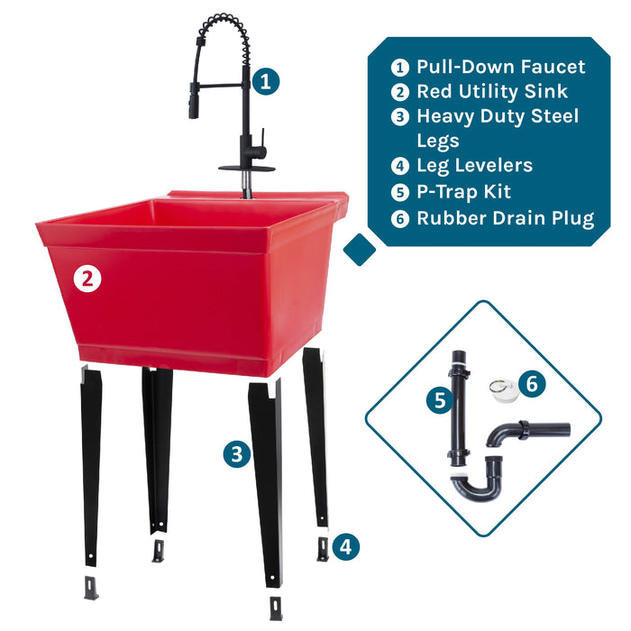Tehila Standard Freestanding Red Utility Sink with Black Finish High-Arc Coil Pull-Down Faucet - View 10