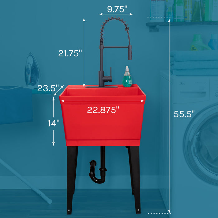 Tehila Standard Freestanding Red Utility Sink with Black Finish High-Arc Coil Pull-Down Faucet - Side View
