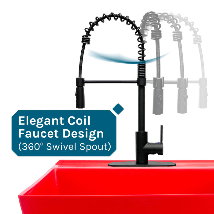Tehila Standard Freestanding Red Utility Sink with Black Finish High-Arc Coil Pull-Down Faucet - Dimensions