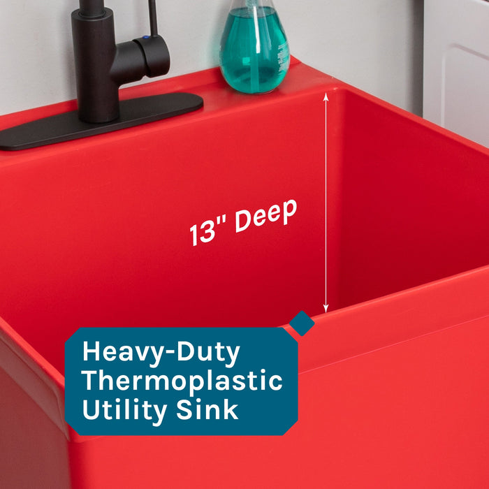 Tehila Standard Freestanding Red Utility Sink with Black Finish High-Arc Coil Pull-Down Faucet - Features