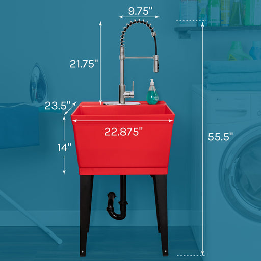 Tehila Standard Freestanding Red Utility Sink with Stainless Steel Finish High-Arc Coil Pull-Down Faucet - Side View