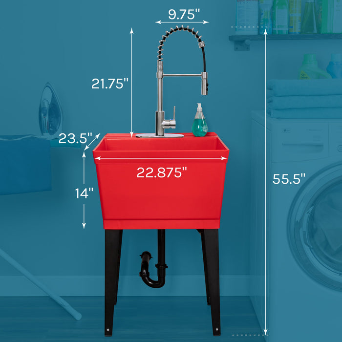 Tehila Standard Freestanding Red Utility Sink with Stainless Steel Finish High-Arc Coil Pull-Down Faucet - Side View