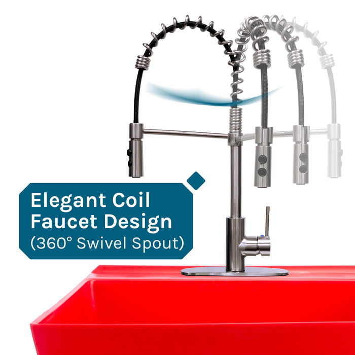 Tehila Standard Freestanding Red Utility Sink with Stainless Steel Finish High-Arc Coil Pull-Down Faucet - Dimensions