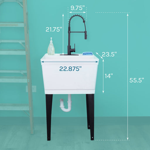 Tehila Standard Freestanding White Utility Sink with Black Finish High-Arc Coil Pull-Down Faucet - Side View
