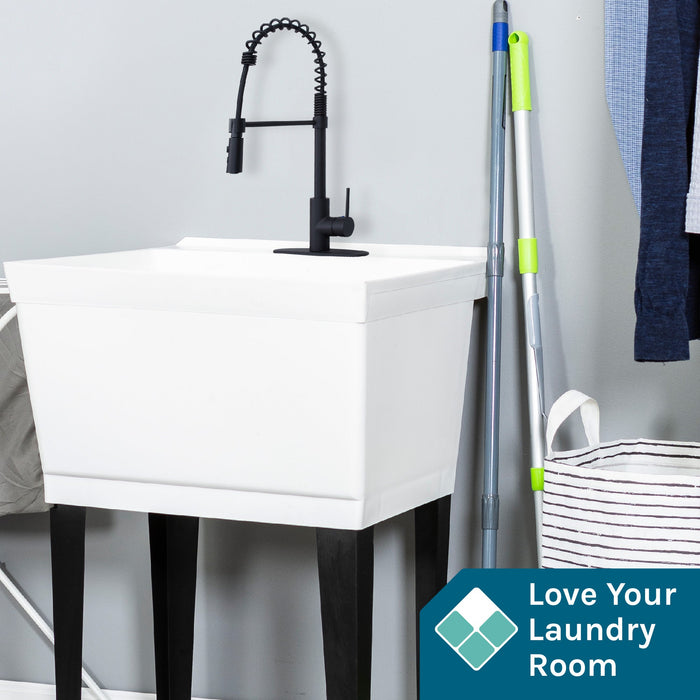 Tehila Standard Freestanding White Utility Sink with Black Finish High-Arc Coil Pull-Down Faucet - Detail View