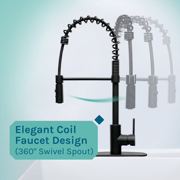 Tehila Standard Freestanding White Utility Sink with Black Finish High-Arc Coil Pull-Down Faucet - Close-Up