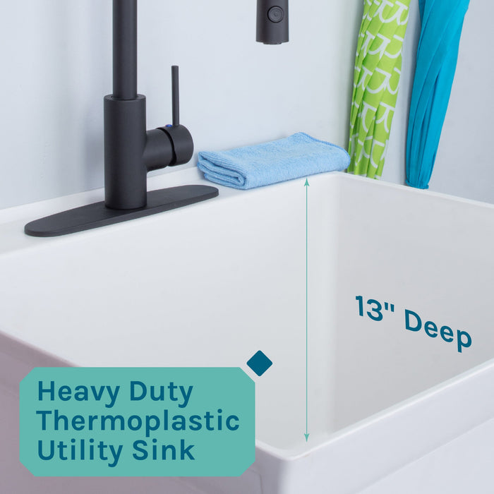 Tehila Standard Freestanding White Utility Sink with Black Finish High-Arc Coil Pull-Down Faucet - Features