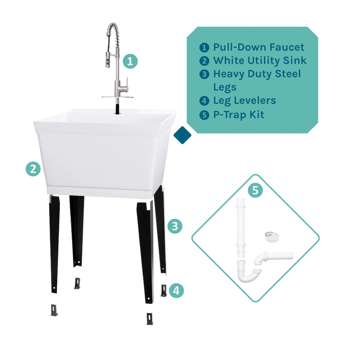 Tehila Standard Freestanding White Utility Sink with Stainless Steel Finish High-Arc Coil Pull-Down Faucet - View 10