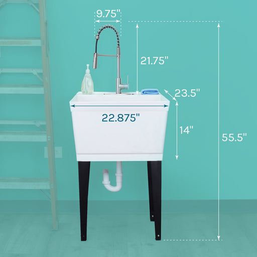 Tehila Standard Freestanding White Utility Sink with Stainless Steel Finish High-Arc Coil Pull-Down Faucet - Side View