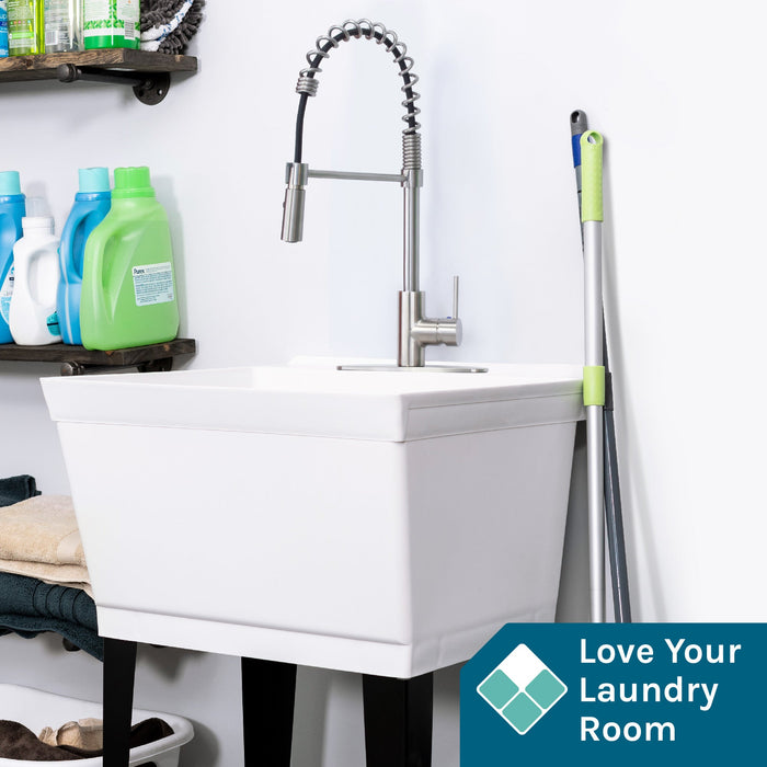Tehila Standard Freestanding White Utility Sink with Stainless Steel Finish High-Arc Coil Pull-Down Faucet - Detail View