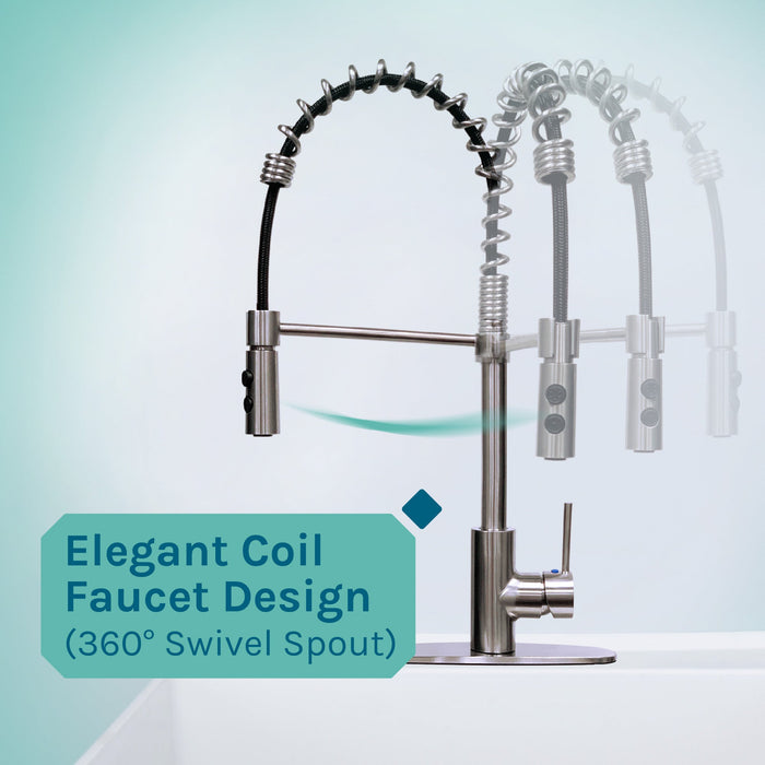 Tehila Standard Freestanding White Utility Sink with Stainless Steel Finish High-Arc Coil Pull-Down Faucet - Close-Up