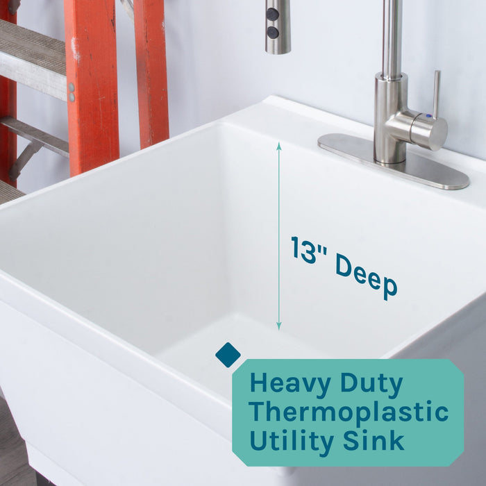 Tehila Standard Freestanding White Utility Sink with Stainless Steel Finish High-Arc Coil Pull-Down Faucet - Features