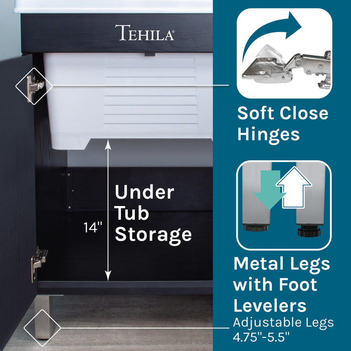 Tehila Black Vanity Cabinet and White Utility Sink, No Supply Lines, No Strainer Basket - Installation View