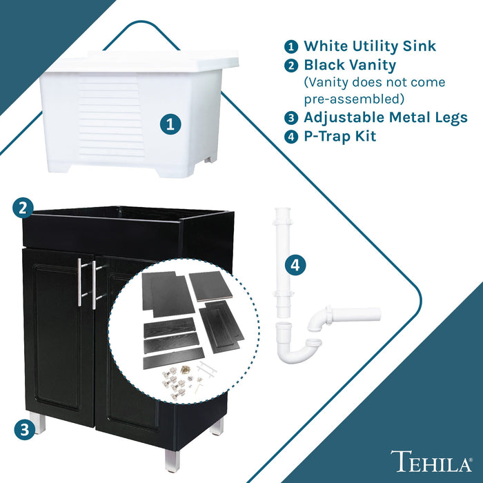 Tehila Black Vanity Cabinet and White Utility Sink, No Supply Lines, No Strainer Basket - View 9