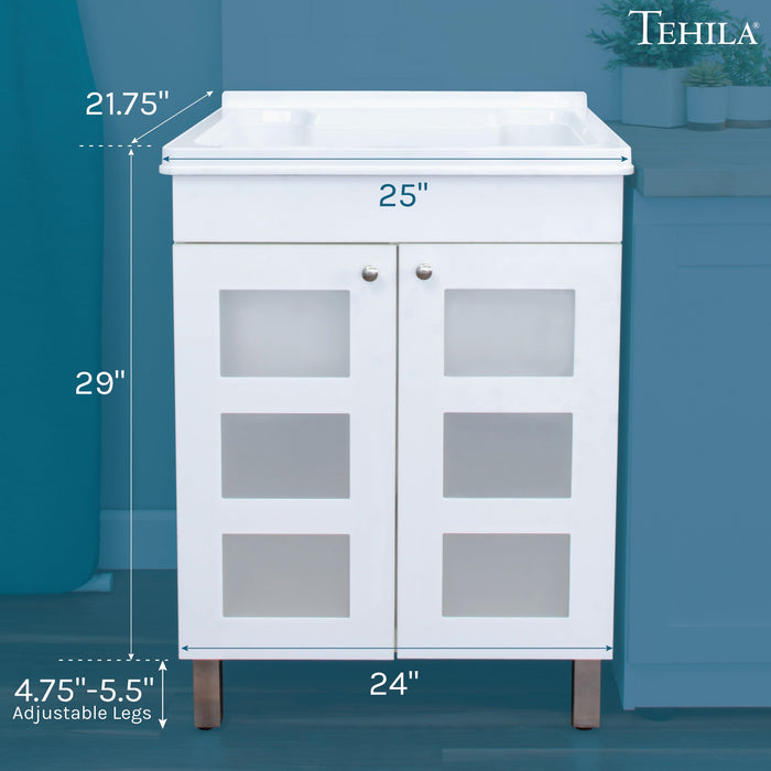 Tehila White Vanity Cabinet and White Utility Sink, No Supply Lines, No Strainer Basket - Side View