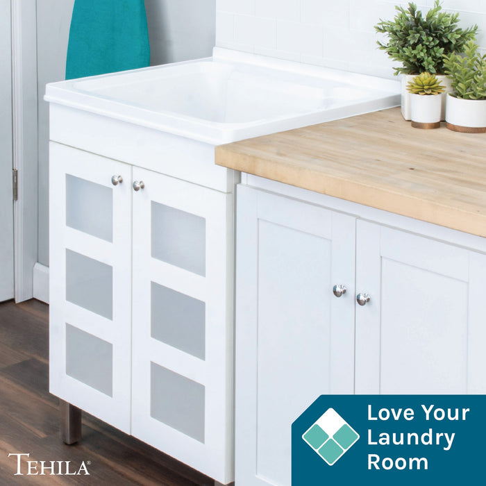Tehila White Vanity Cabinet and White Utility Sink, No Supply Lines, No Strainer Basket - Detail View