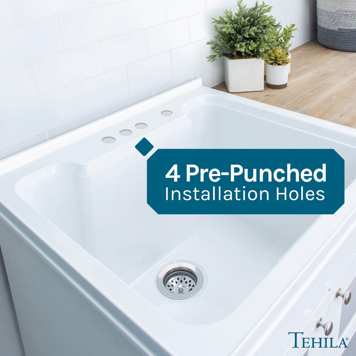 Tehila White Vanity Cabinet and White Utility Sink, No Supply Lines, No Strainer Basket - Close-Up
