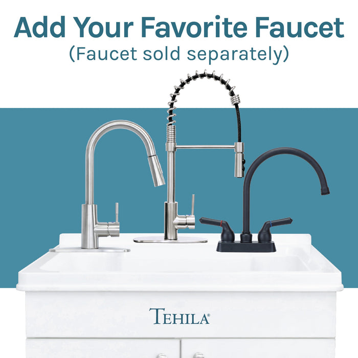 Tehila White Vanity Cabinet and White Utility Sink, No Supply Lines, No Strainer Basket - Lifestyle View