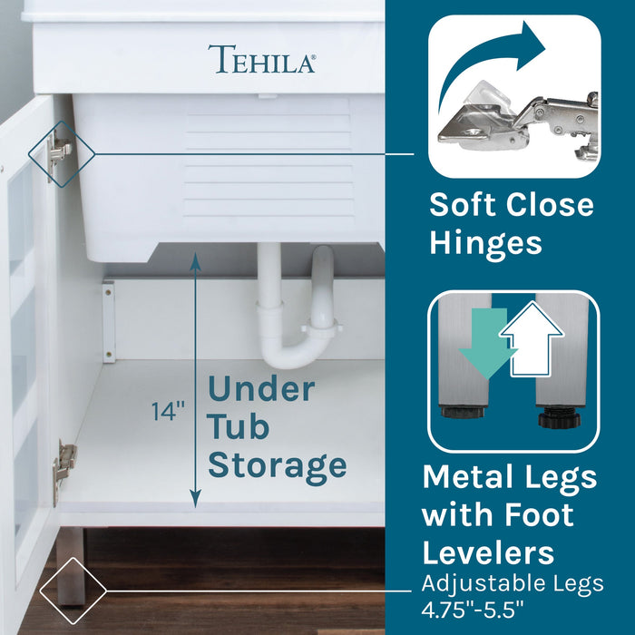 Tehila White Vanity Cabinet and White Utility Sink, No Supply Lines, No Strainer Basket - Installation View