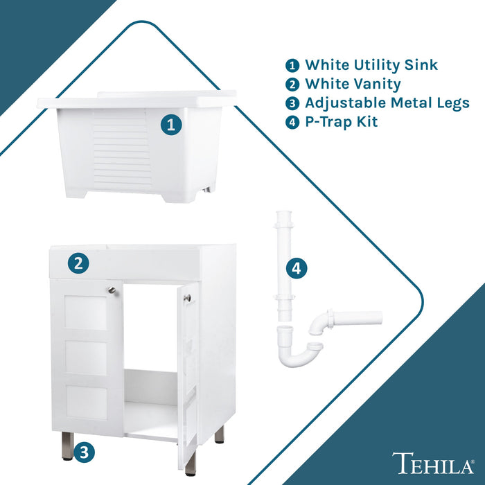 Tehila White Vanity Cabinet and White Utility Sink, No Supply Lines, No Strainer Basket - View 9