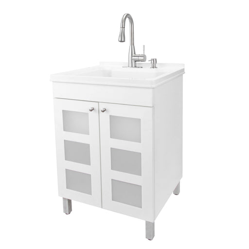Tehila White Vanity Cabinet and White Utility Sink with Stainless Steel Finish Low-Profile Pull-Down Faucet
