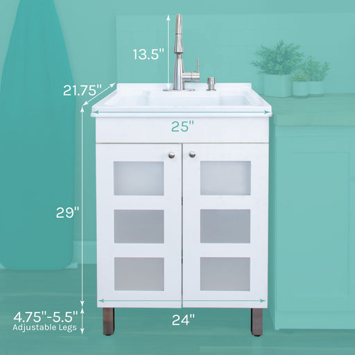 Tehila White Vanity Cabinet and White Utility Sink with Stainless Steel Finish Low-Profile Pull-Down Faucet - Side View