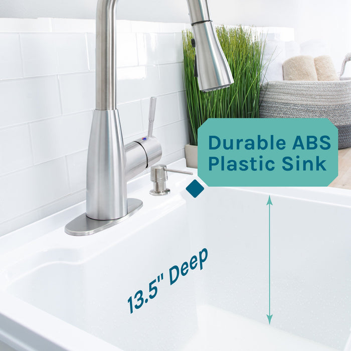 Tehila White Vanity Cabinet and White Utility Sink with Stainless Steel Finish Low-Profile Pull-Down Faucet - Close-Up