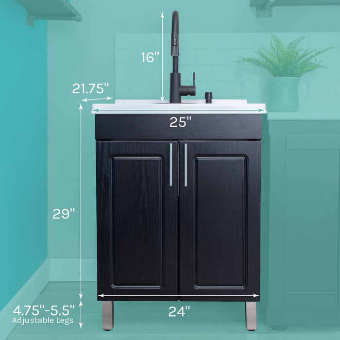 Tehila Black Vanity Cabinet and White Utility Sink with Black Finish High-Arc Pull-Down Faucet - Side View