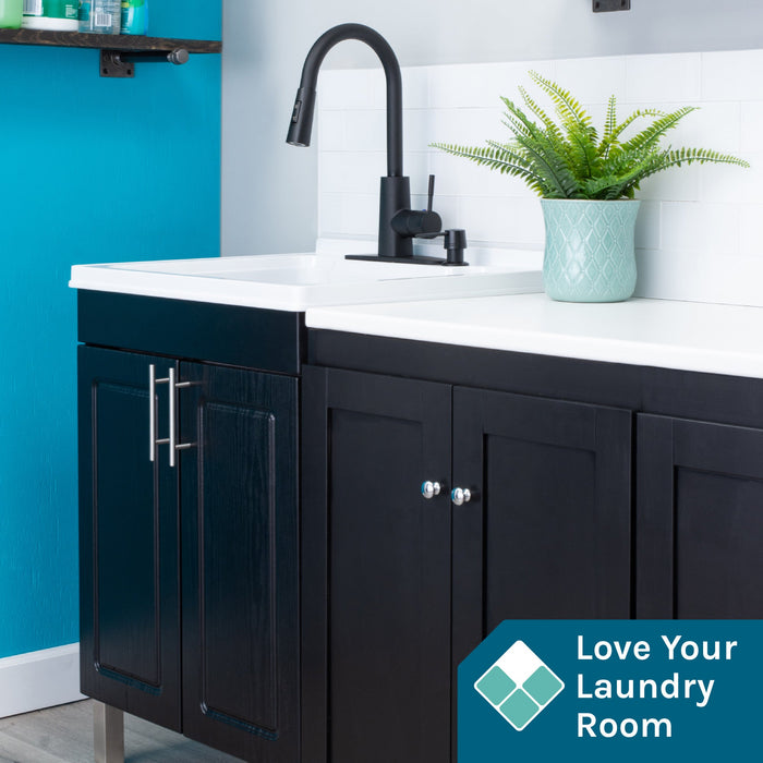 Tehila Black Vanity Cabinet and White Utility Sink with Black Finish High-Arc Pull-Down Faucet - Detail View