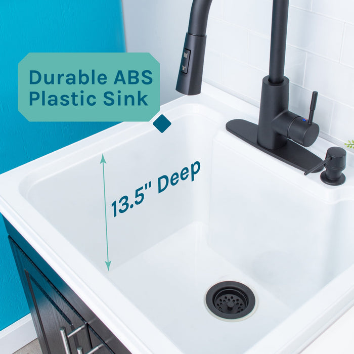 Tehila Black Vanity Cabinet and White Utility Sink with Black Finish High-Arc Pull-Down Faucet - Close-Up