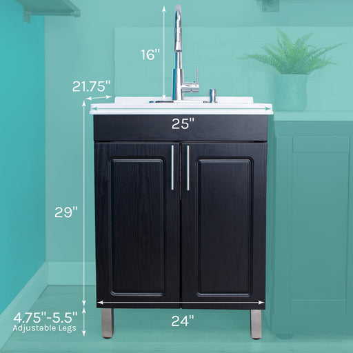 Tehila Black Vanity Cabinet and White Utility Sink with Chrome Finish High-Arc Pull-Down Faucet - Side View