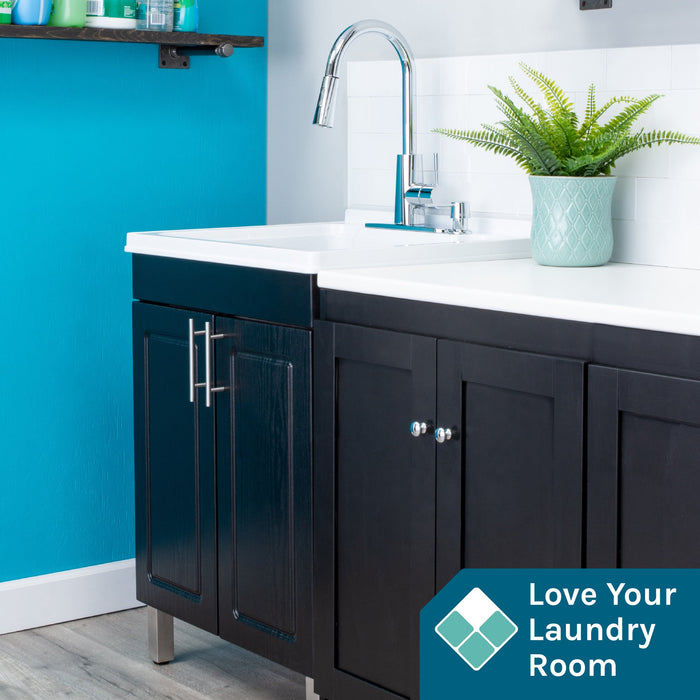Tehila Black Vanity Cabinet and White Utility Sink with Chrome Finish High-Arc Pull-Down Faucet - Close-Up