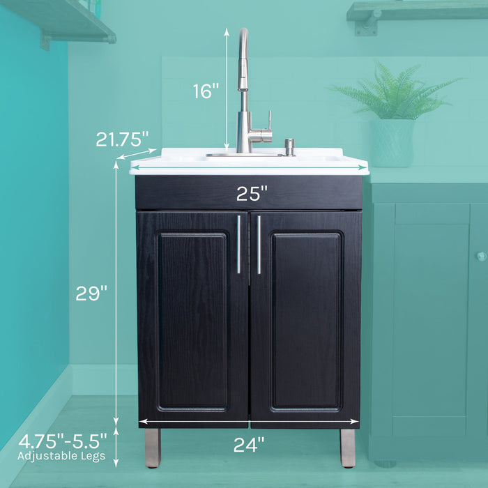 Tehila Black Vanity Cabinet and White Utility Sink with Stainless Steel Finish High-Arc Pull-Down Faucet - Side View