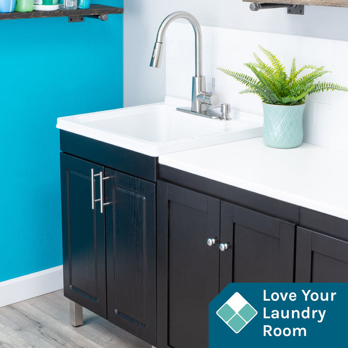 Tehila Black Vanity Cabinet and White Utility Sink with Stainless Steel Finish High-Arc Pull-Down Faucet - Close-Up