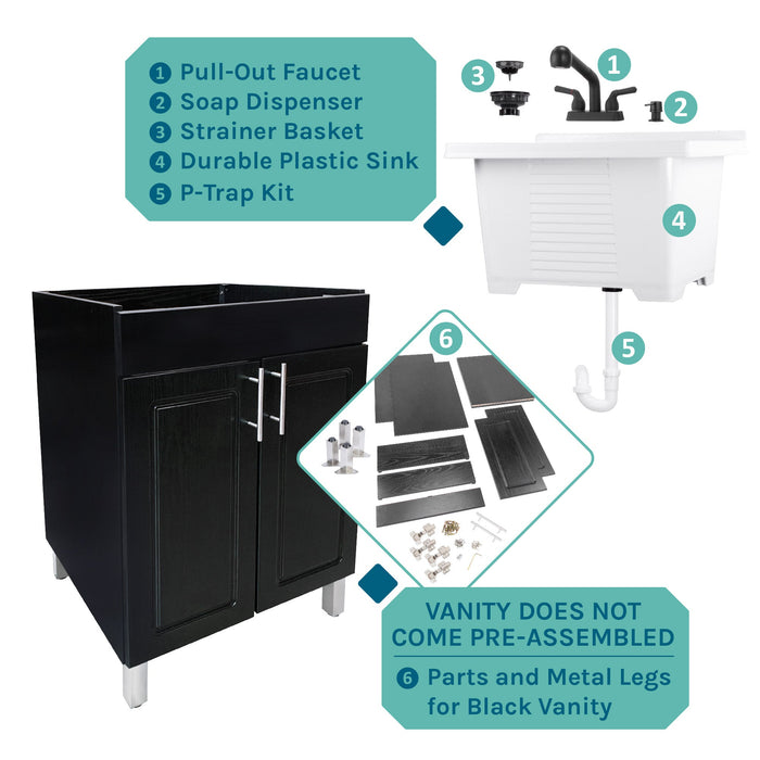 Tehila Black Vanity Cabinet and White Utility Sink with Black Finish Pull-Out Faucet - View 10