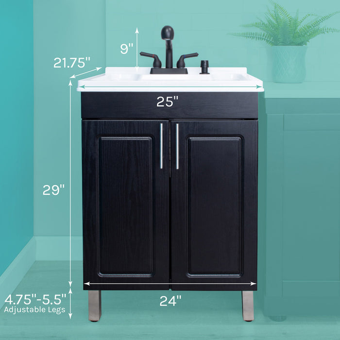 Tehila Black Vanity Cabinet and White Utility Sink with Black Finish Pull-Out Faucet - Side View