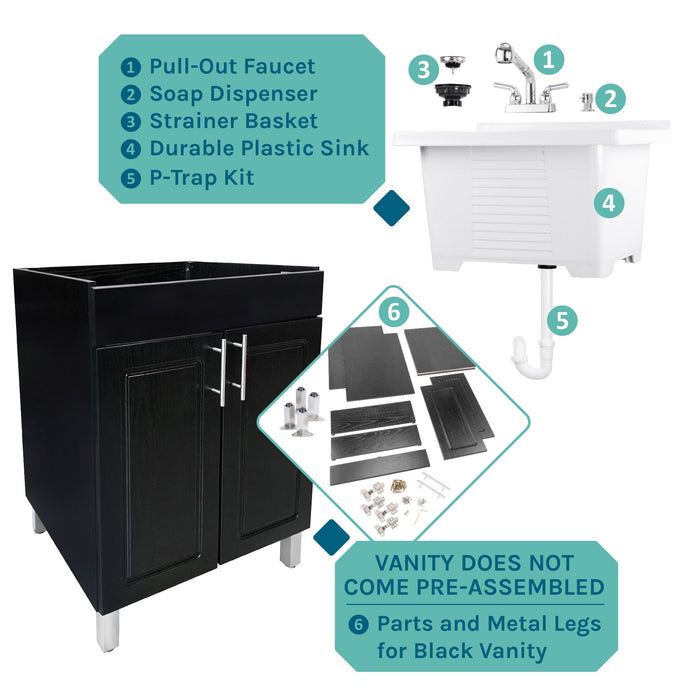 Tehila Black Vanity Cabinet and White Utility Sink with Chrome Finish Pull-Out Faucet - View 10