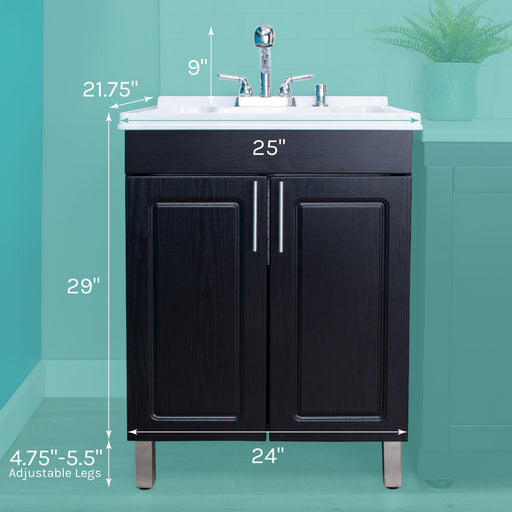 Tehila Black Vanity Cabinet and White Utility Sink with Chrome Finish Pull-Out Faucet - Side View