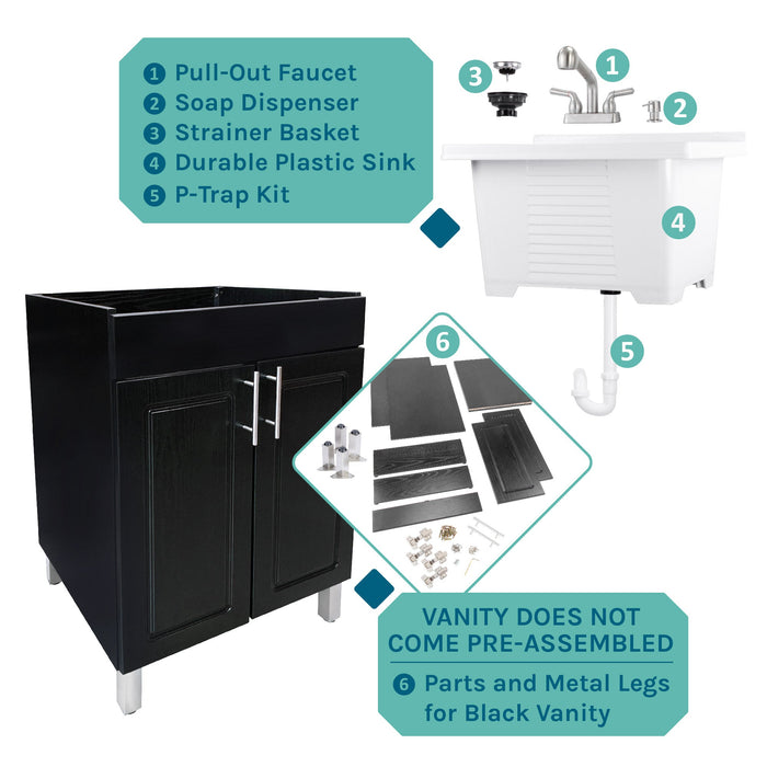 Tehila Black Vanity Cabinet and White Utility Sink with Stainless Steel Finish Pull-Out Faucet - View 10