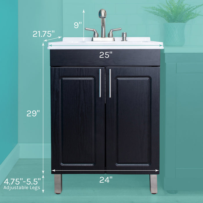Tehila Black Vanity Cabinet and White Utility Sink with Stainless Steel Finish Pull-Out Faucet - Side View