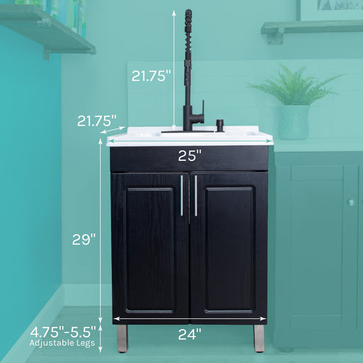 Tehila Black Vanity Cabinet and White Utility Sink with Black Finish High-Arc Coil Pull-Down Faucet - Side View