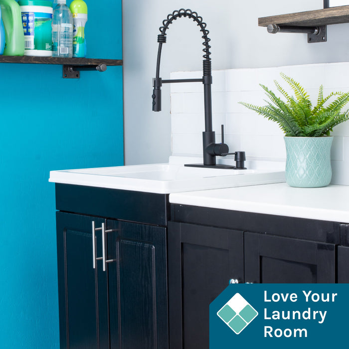 Tehila Black Vanity Cabinet and White Utility Sink with Black Finish High-Arc Coil Pull-Down Faucet - Detail View