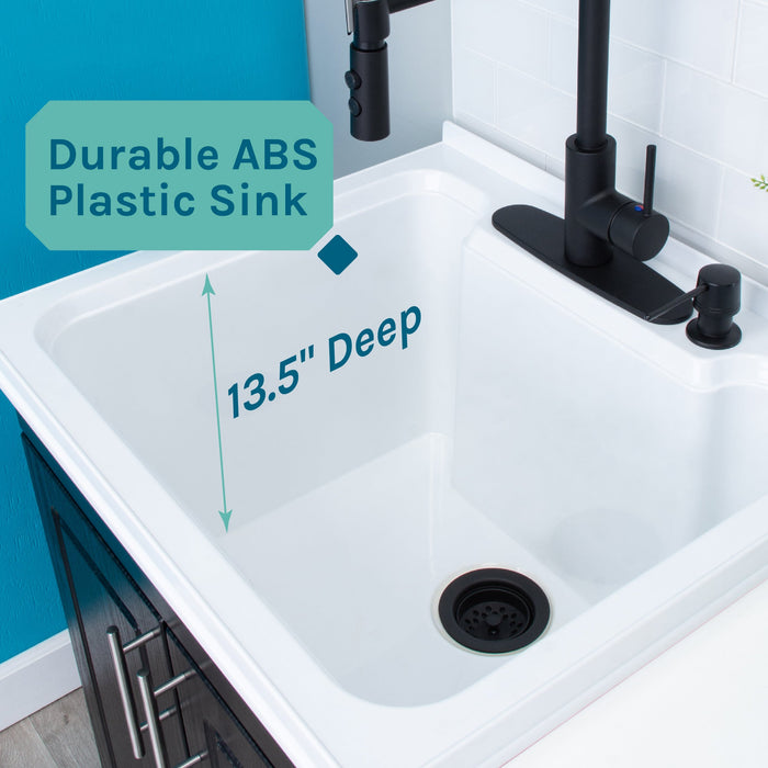 Tehila Black Vanity Cabinet and White Utility Sink with Black Finish High-Arc Coil Pull-Down Faucet - Close-Up