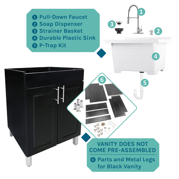 Tehila Black Vanity Cabinet and White Utility Sink with Stainless Steel Finish High-Arc Coil Pull-Down Faucet - View 11